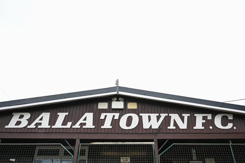 BALA, WALES - 08 AUGUST 2025: Bala Town sign above the changing rooms during the JD Cymru Premier between Bala Town and Flint Town at the Maes Tegid in Bala on the 08th August 2025. (Pic by Craig Thomas/FAW)